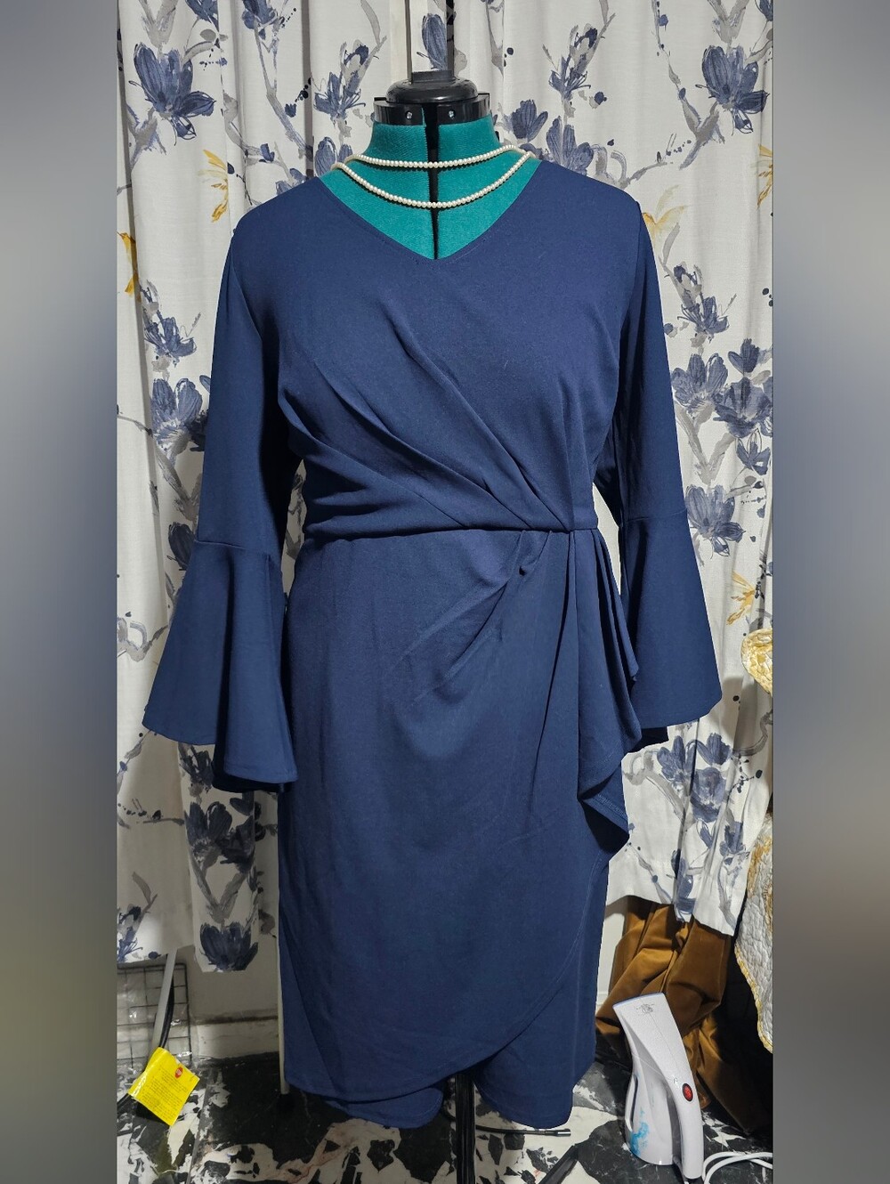 Navy Wrap-Style Midi Dress with Bell Sleeves